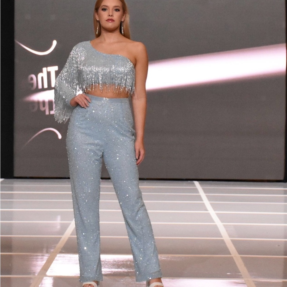 Ashley Lauren beaded and fringe One-ShoulderIce Blue Jumpsuit